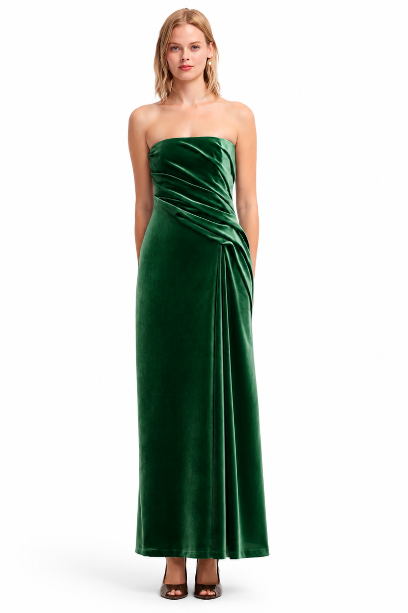 LEO LIN Florence Velvet Ruffled Maxi Dress in Forest green available for designer gown hire at Your Secret Closet