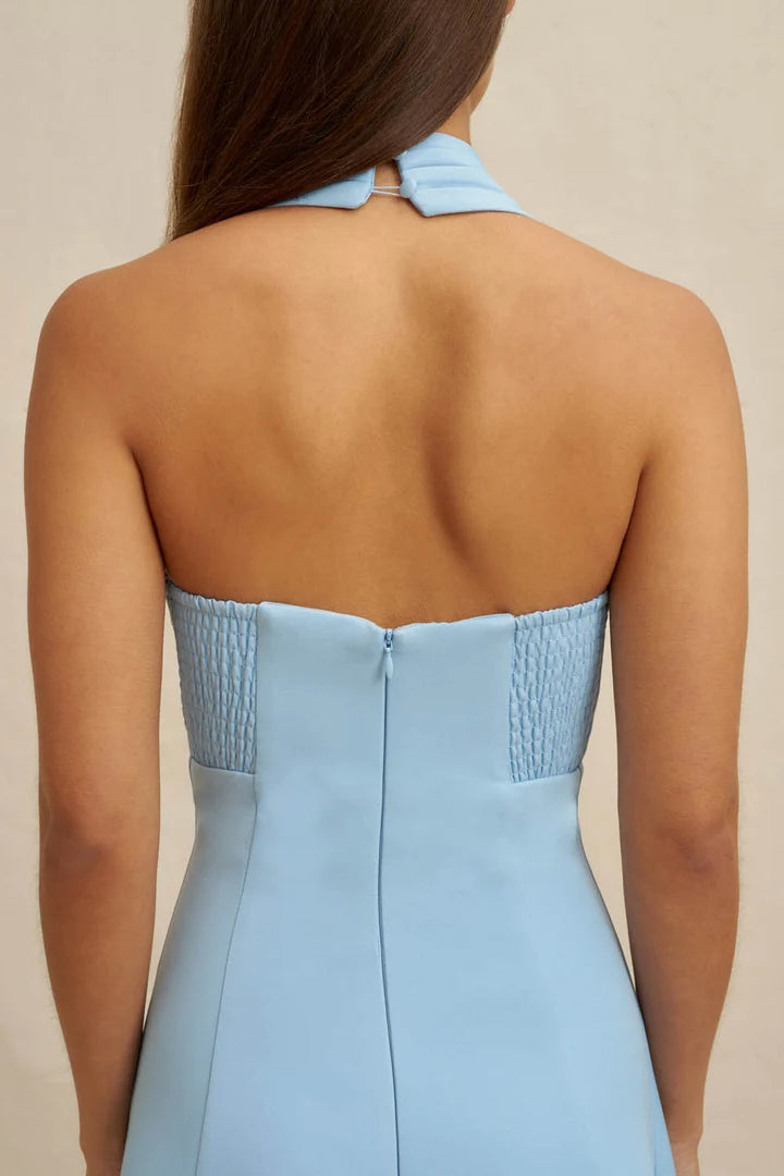 Back view of the BY JOHNNY Lilian Halter Midi Dress showing the halter button closure and softly flared skirt.