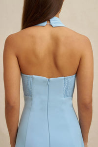 Back view of the BY JOHNNY Lilian Halter Midi Dress showing the halter button closure and softly flared skirt.