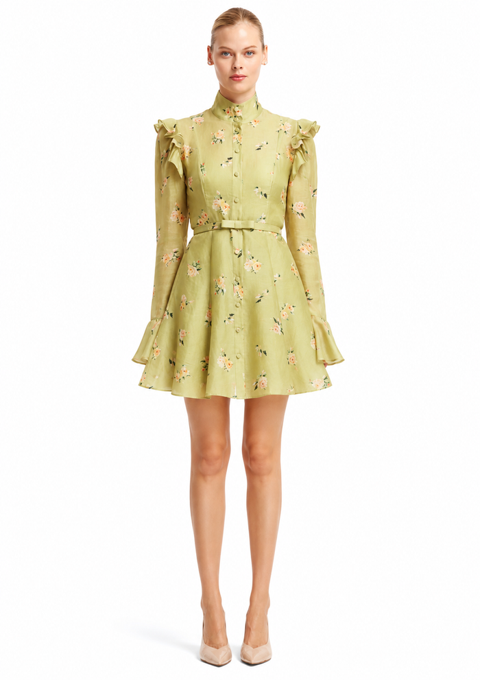 LEO LIN Kristy Butterfly Sleeve Mini Dress in Pistachio Rose Print available for designer dress hire at Your Secret Closet