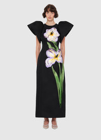 Leo Lin "Lucinda" Appliqué Floral Maxi Dress - Black