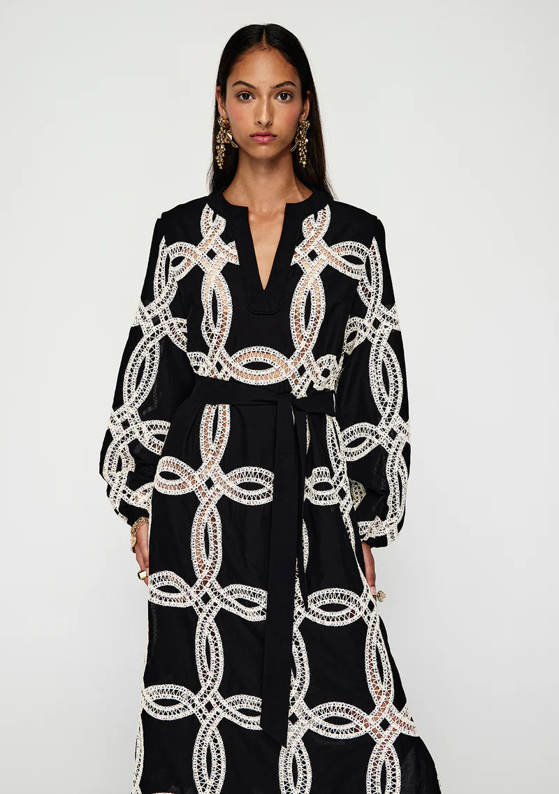 MOS THE LABEL designer midi dress with openwork embroidery