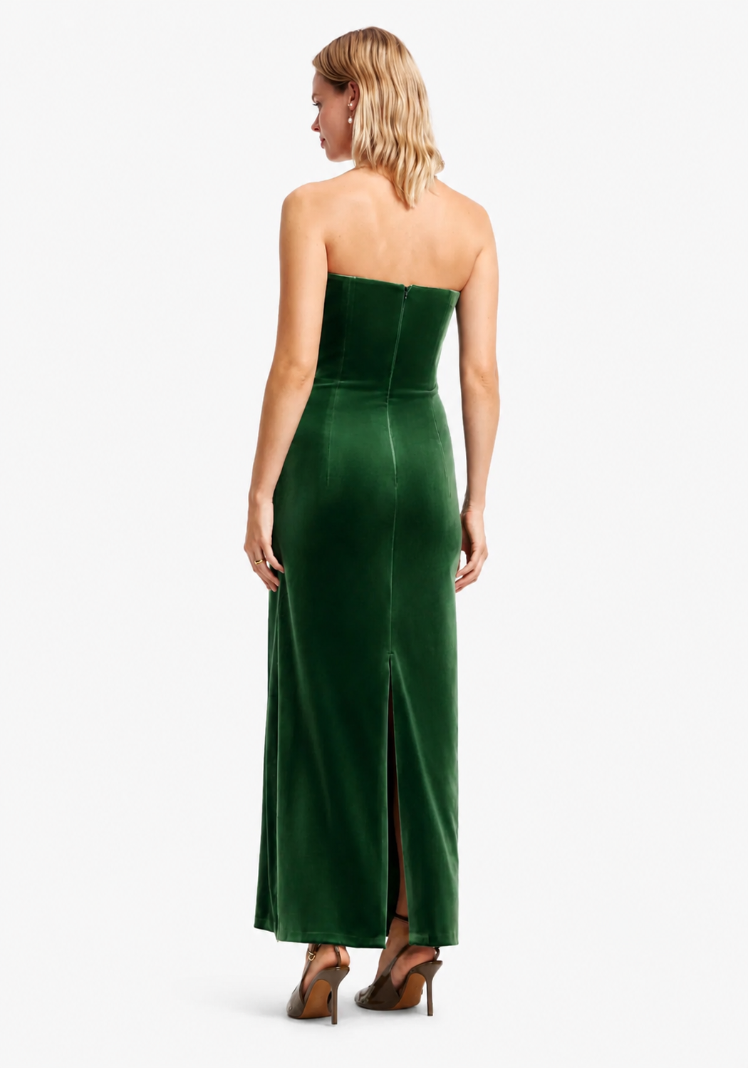Back view of LEO LIN Florence Velvet Maxi Dress in Forest with back split available for designer dress hire