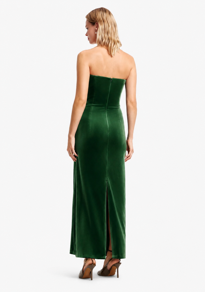 Back view of LEO LIN Florence Velvet Maxi Dress in Forest with back split available for designer dress hire