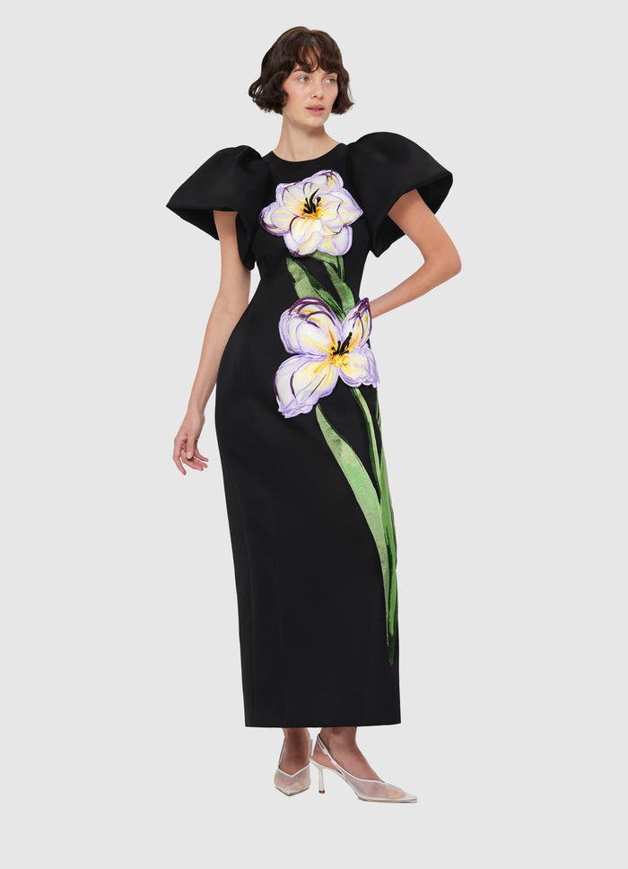 Leo Lin "Lucinda" Appliqué Floral Maxi Dress - Black