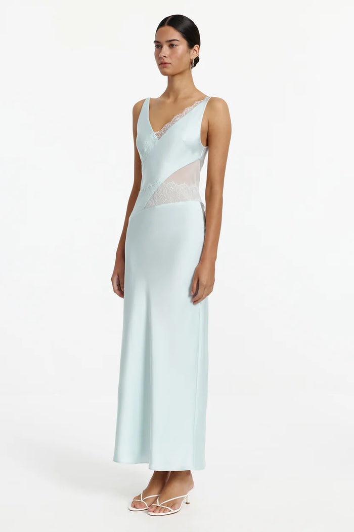 Side view of Significant Other Ellis Maxi Dress in Adriatic with lace and sheer waist detailing