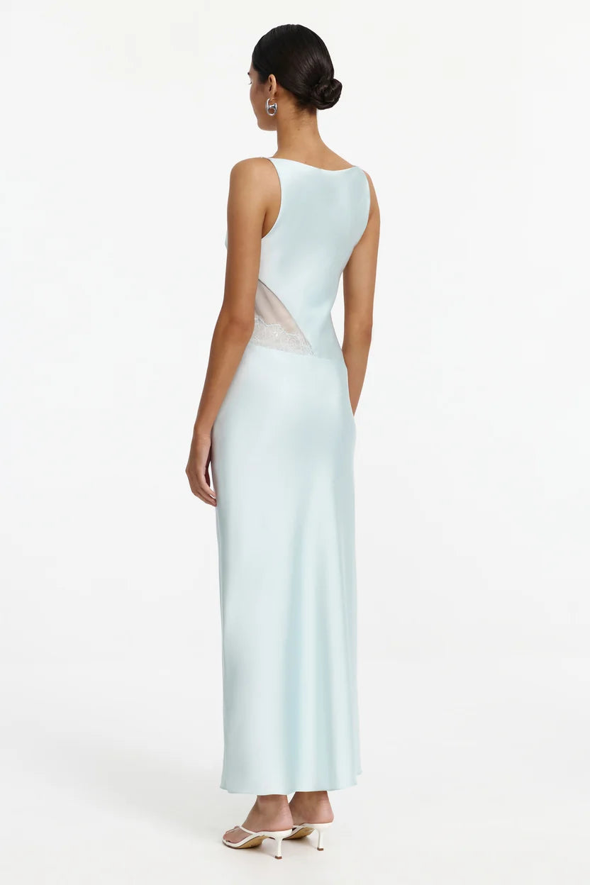 Back view of Significant Other Ellis Adriatic Maxi Dress featuring sheer mesh and lace panels