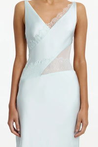 Significant Other Ellis Maxi Dress in Adriatic featuring satin fabrication, plunging V-neckline and asymmetric lace detailing
