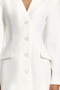 Significant Other Miella Ivory Blazer Dress featuring structured shoulders, deep V-neckline and tonal covered buttons
