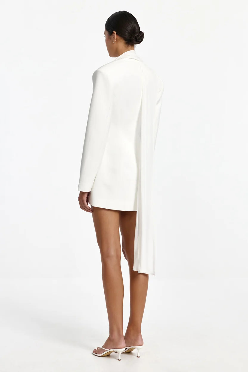 Back view of Significant Other Miella Blazer Dress in Ivory featuring dramatic cape-style draped panel