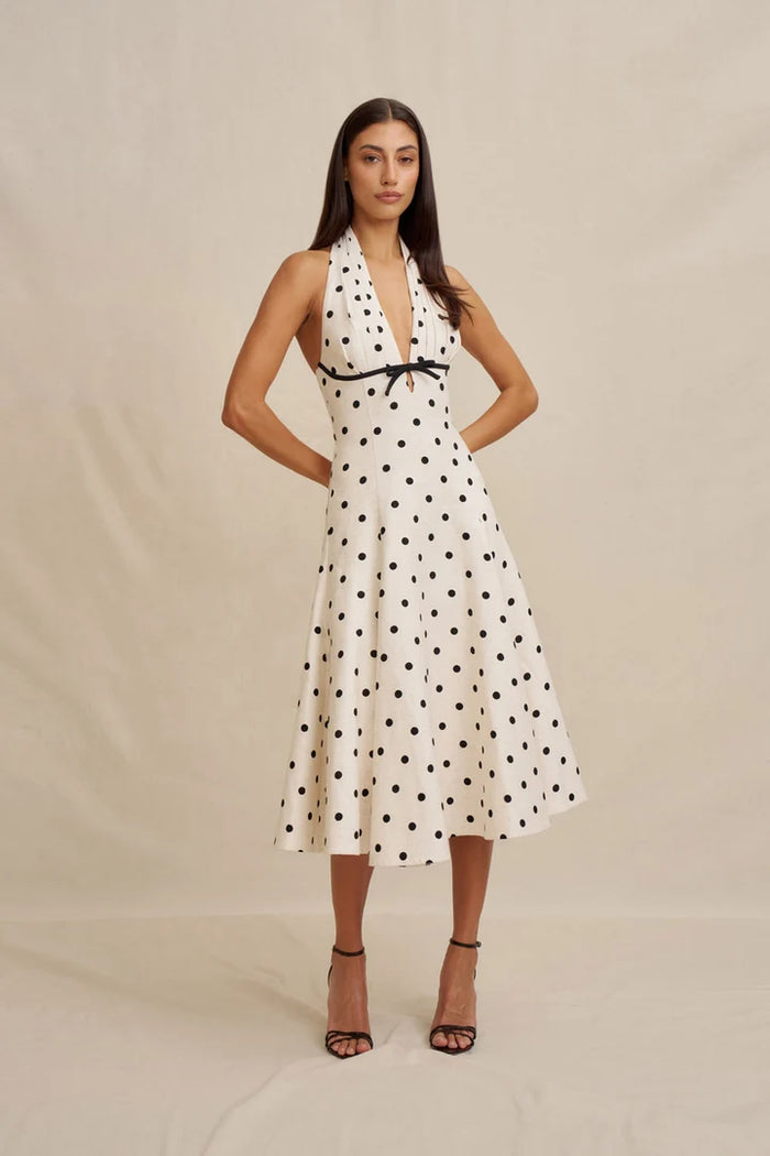 BY JOHNNY Florentina Polka Dot Halter Dress, front view showing the halter neckline and fit-and-flare silhouette.