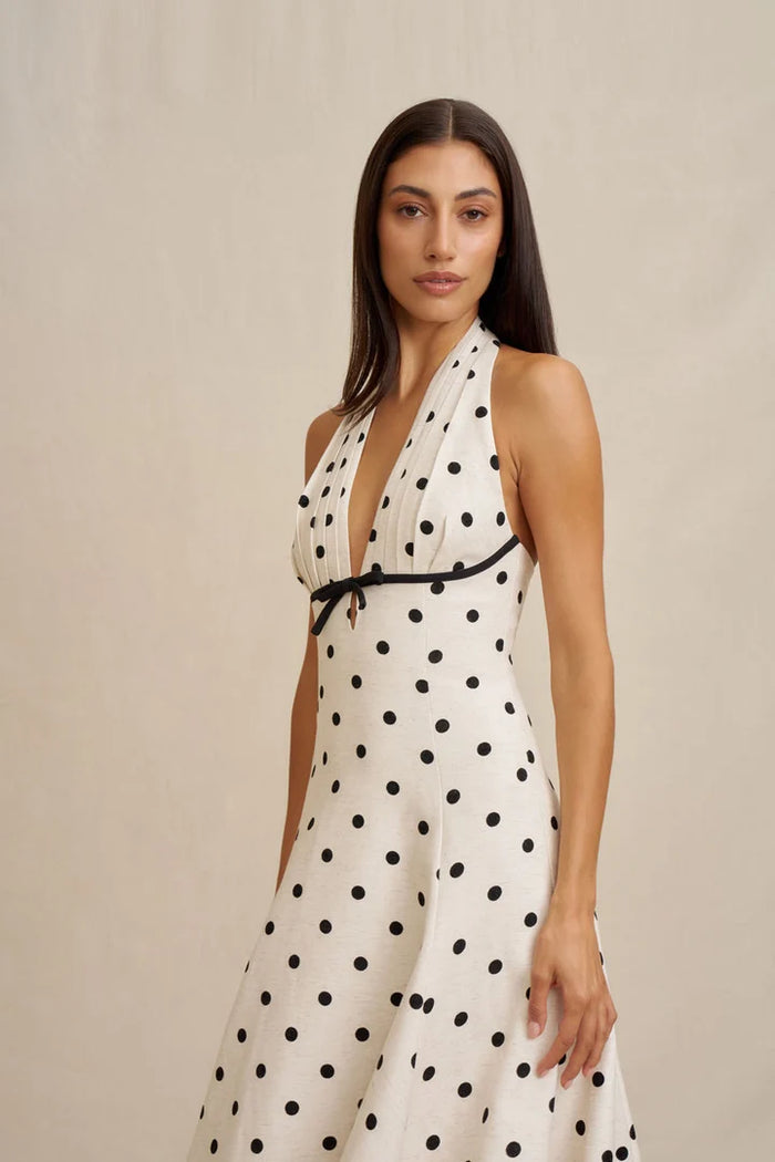 Halter neckline and tuck detailing through the bust of the BY JOHNNY Florentina dress.