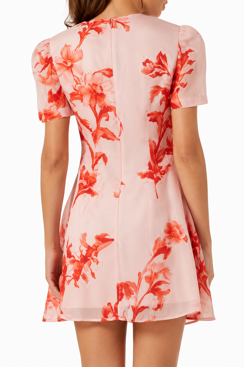 Back view of Leo Lin Elyse Mini Dress in blush pink and coral Magnolia Print, featuring short sleeves, a flared mini skirt and invisible back zip.