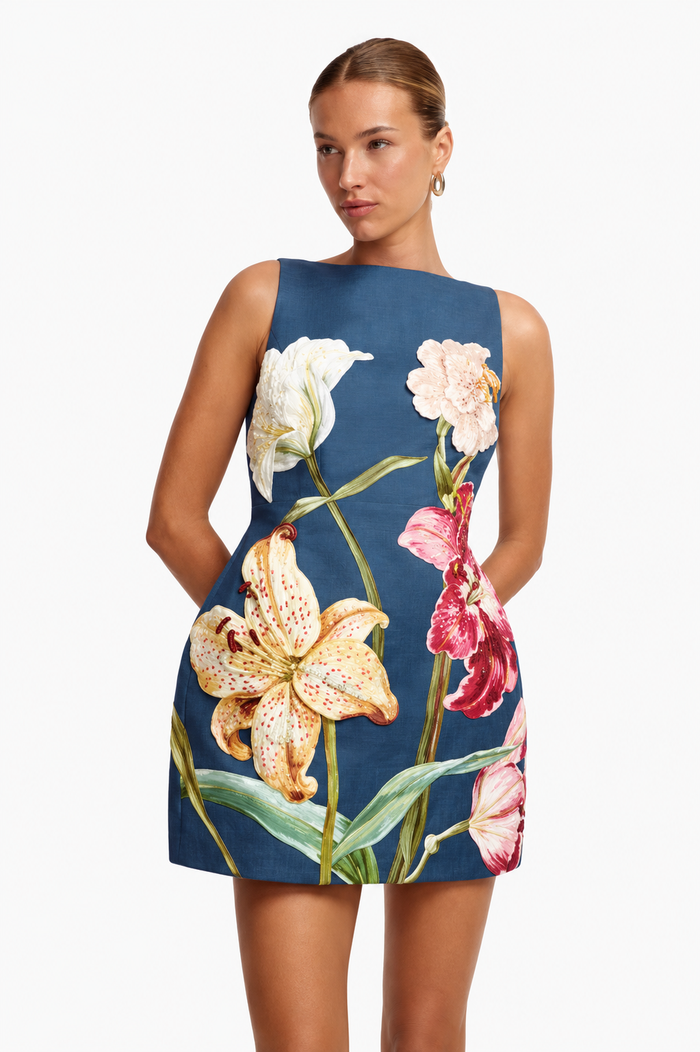 Leo Lin Ali Embroidered Mini Dress in Indigo with colourful 3D lily embroidery and flattering A-line silhouette.