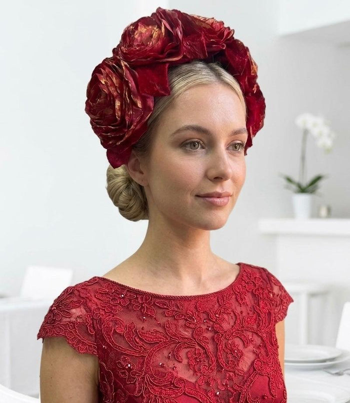 Wendy Scully Red Flower Bandeau with hand-dyed silk flowers, vintage velvet leaves and red tulle