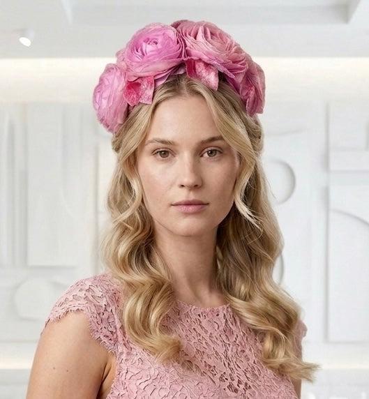 Wendy Scully wide headband with hand-dyed pink silk roses and vintage silk velvet leaves