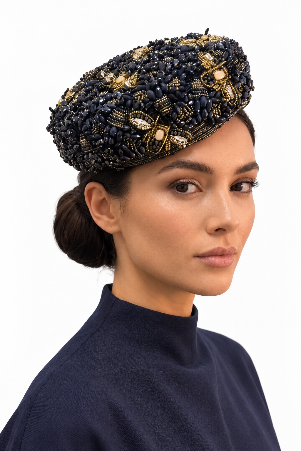 WENDY SCULLY MILLINERY – Blue, Black & Gold Beaded Bee Button Hat