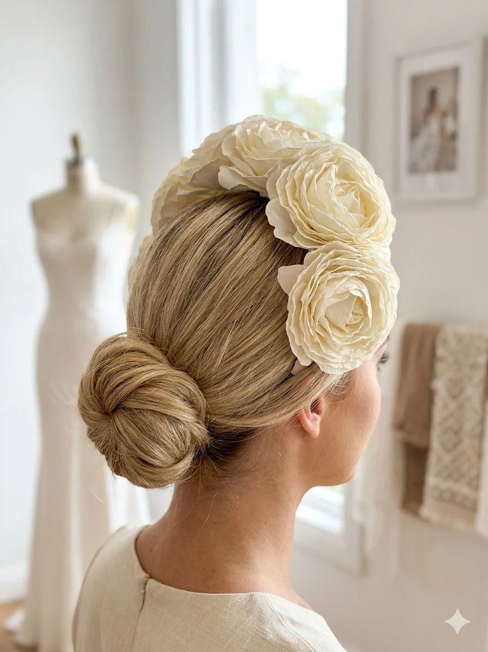 Wendy Scully Cream Silk Flower Bandeau with large flat flowers on a lightweight tulle-covered base