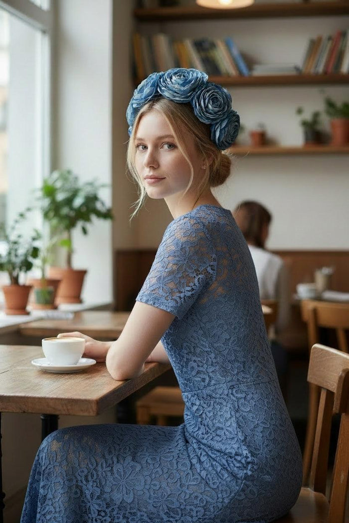 Wendy Scully Blue Floral Caplet with hand-dyed silk flowers and sheer black lace