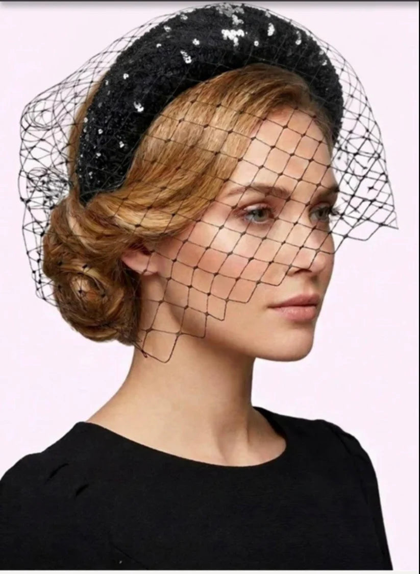 Wendy Scully Black Sequinned Headband with a Veil