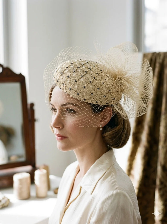 Wendy Scully cream raffia button with teal woven spots, coffee-coloured veil and teal glass beading