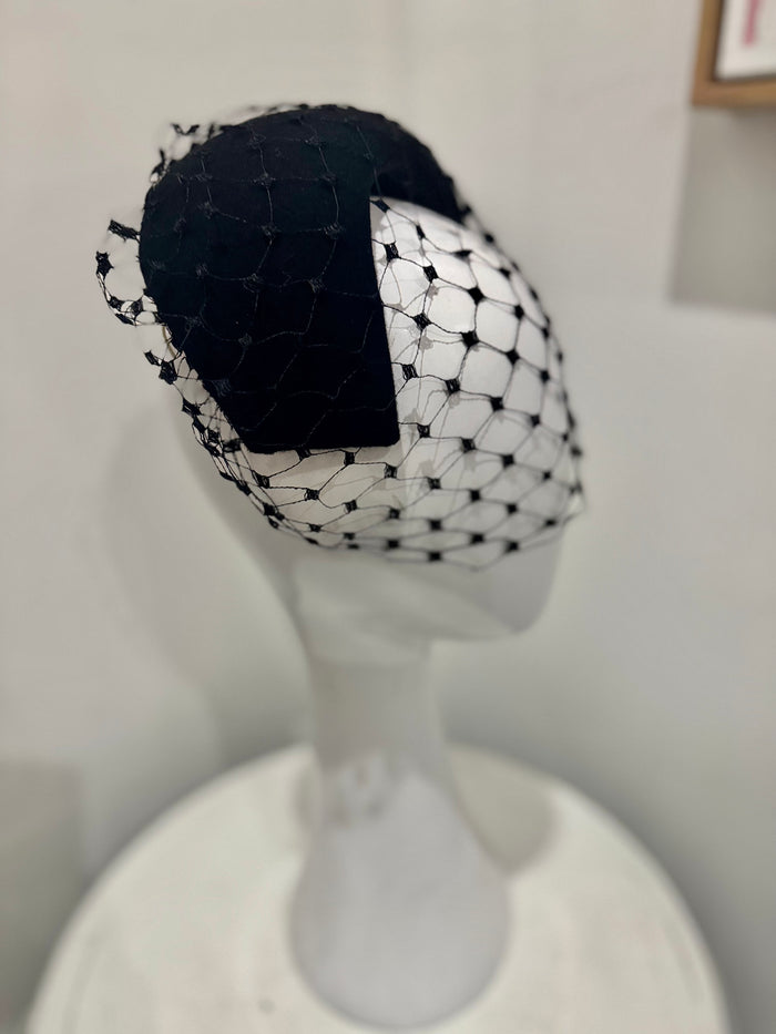 Wendy Scully Black Felt Vintage Bibi Half Hat.
