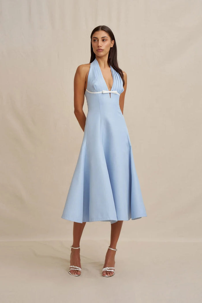 BY JOHNNY Lilian Halter Midi Dress featuring a halter neckline, underbust bow, keyhole opening and fit-and-flare skirt.