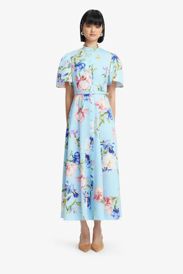 Leo Lin 'Bianca' Midi Dress - Garden Print in Baby Blue