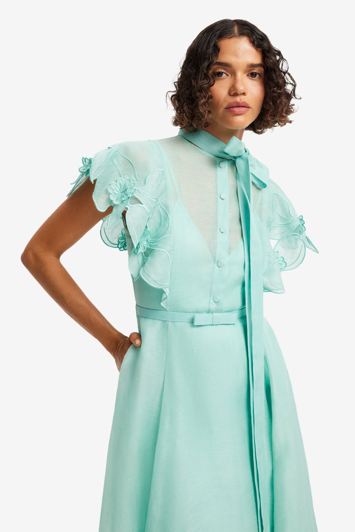 Leo Lin "Elsie" Applique Flutter Sleeve Maxi Dress