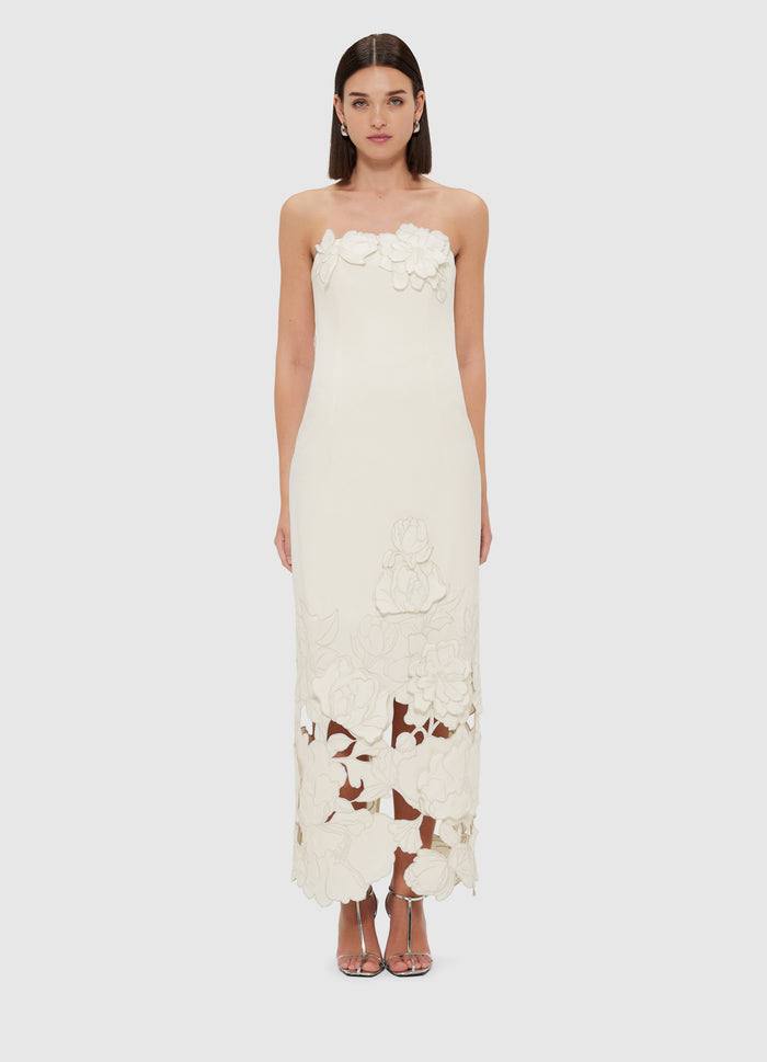 Leo Lin "Rayna" Appliqué Bustier Maxi Dress - Vanilla