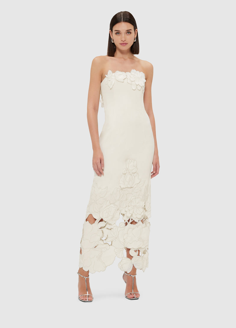 Leo Lin "Rayna" Appliqué Bustier Maxi Dress - Vanilla