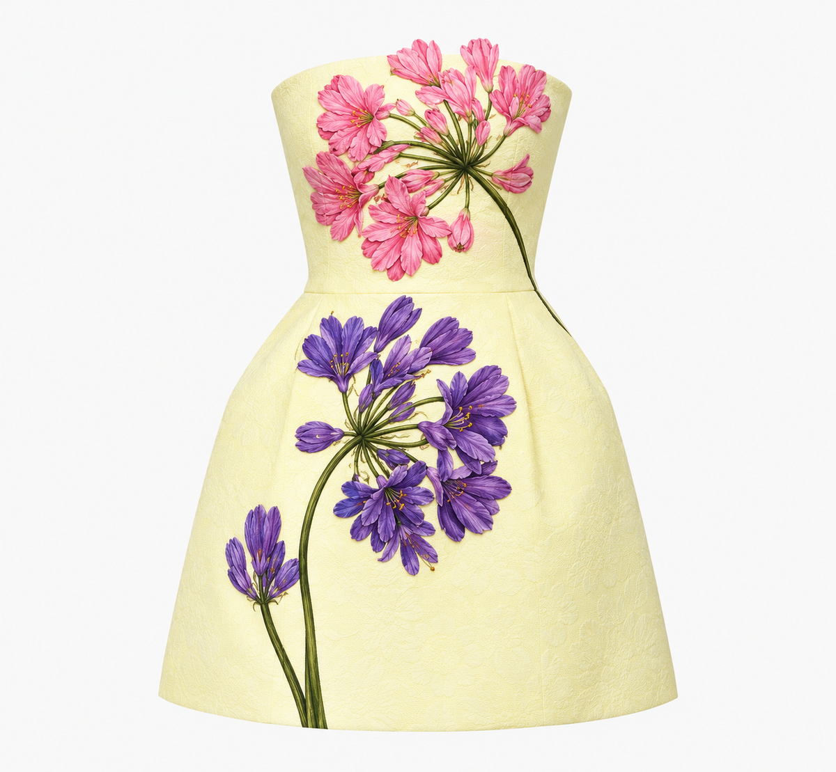 Leo Lin Roselle Appliqué Bustier Mini Dress in Agapanthus Print, featuring a pale yellow base, pink and purple floral embroidery and structured A-line skirt.