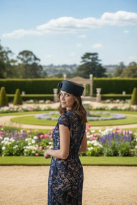 Wendy Scully French navy straw pillbox hat with matching side bow