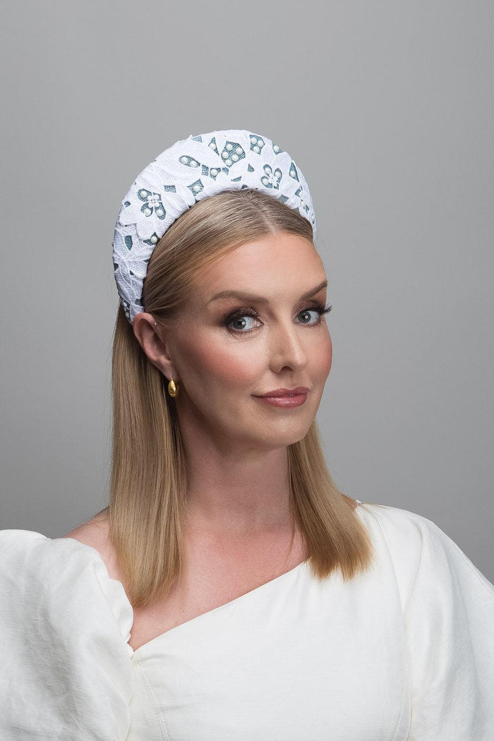 Wendy Scully Millinery White Teal Lace Crown