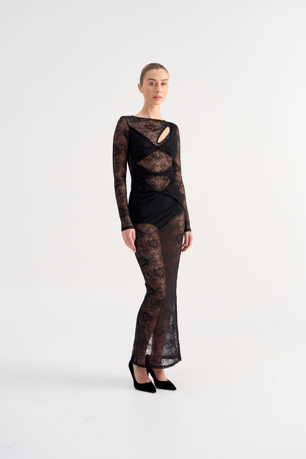 Suboo Gemini Long Sleeve Twist Front Lace Maxi Dress