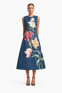 Leo Lin Cleo Embroidered Sleeveless Midi Dress in Lily Print Indigo featuring colourful 3D floral appliqué embroidery, round neckline and structured A-line silhouette.
