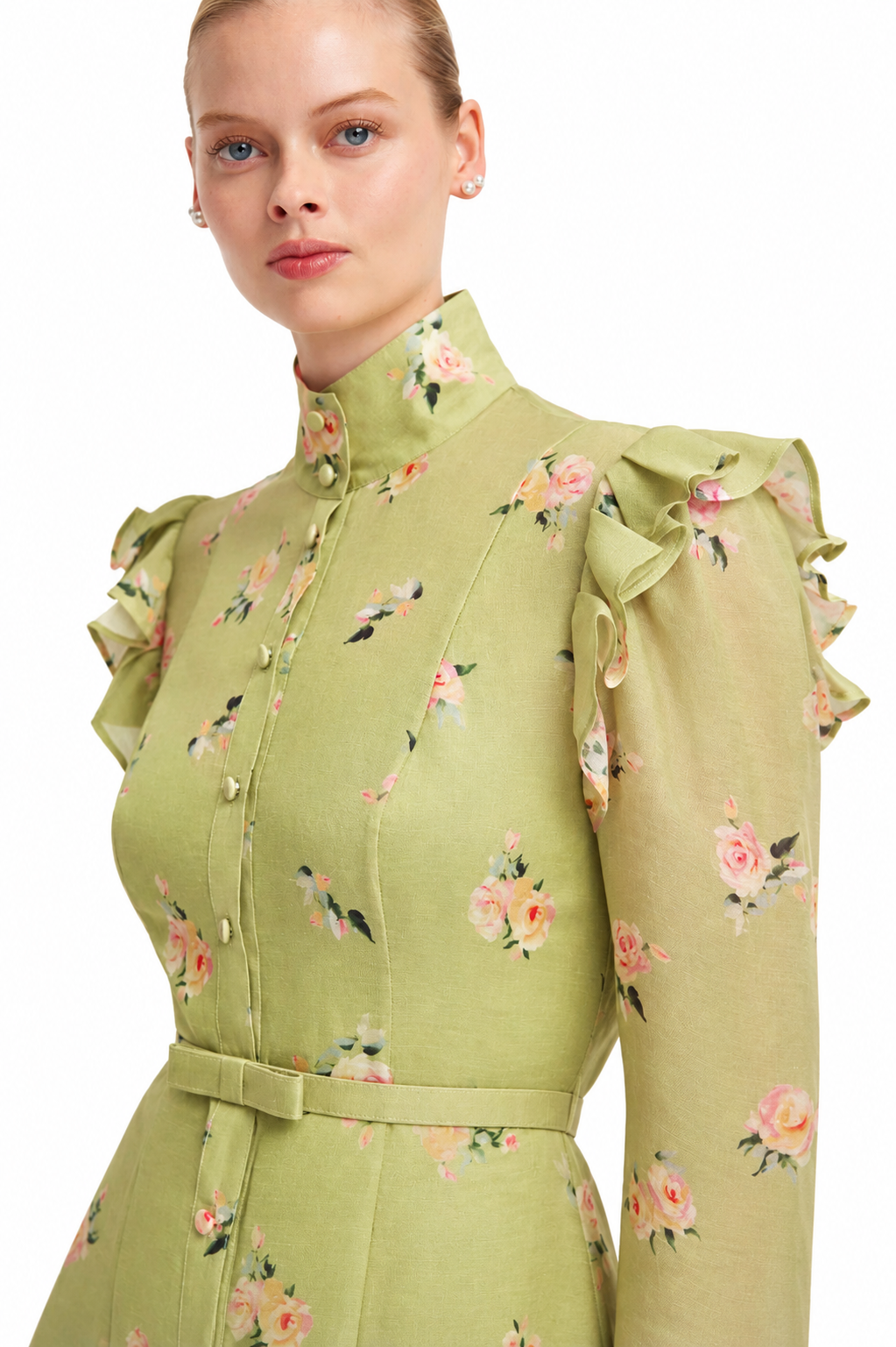 LEO LIN Kristy Pistachio Rose silk linen dress featuring high neckline, floral print and ruffled shoulder detailing