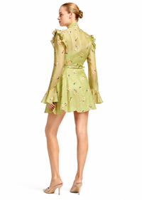 Back view of LEO LIN Kristy Mini Dress in Pistachio Rose Print with ruffled shoulders and matching belt