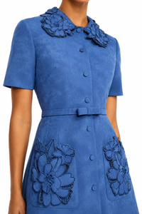 LEO LIN Ashley Azure vegan suede mini dress featuring laser-cut floral appliqué collar and statement pockets