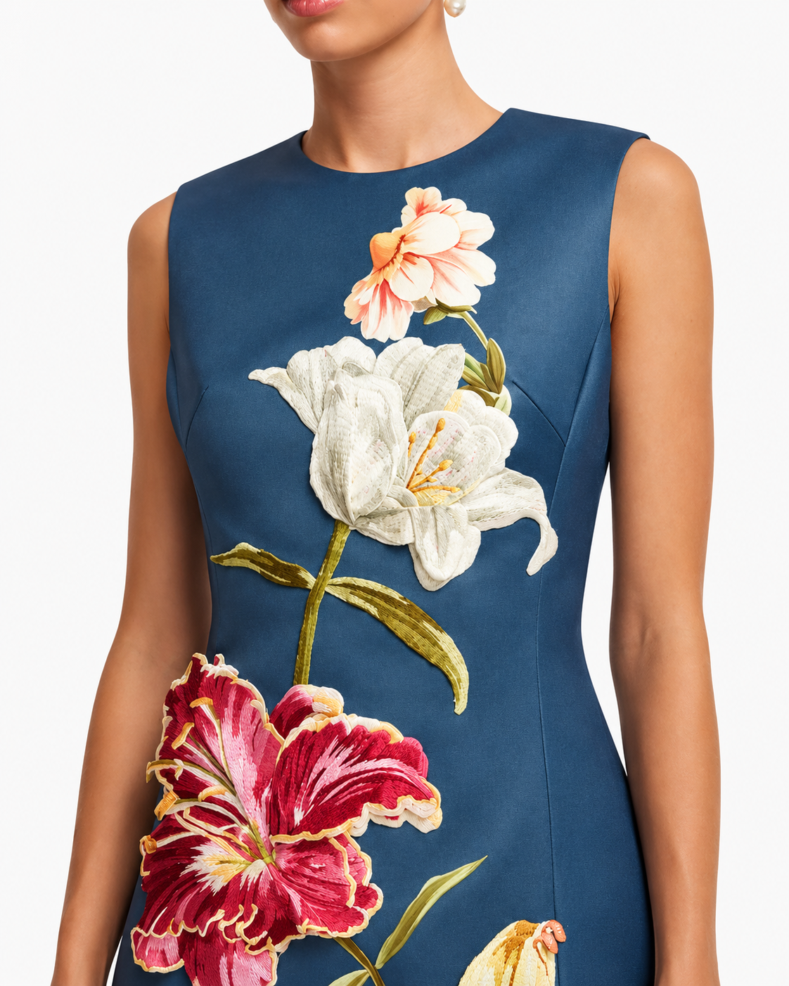 LEO LIN Cleo Embroidered Sleeveless Midi Dress – Lily Print in Indigo