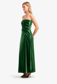Side view of LEO LIN Florence Forest green velvet maxi dress available for formal dress hire Melbourne and Australia-wide