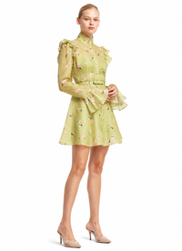 Side view of LEO LIN Kristy Pistachio Rose floral mini dress for wedding guest and race day dress hire