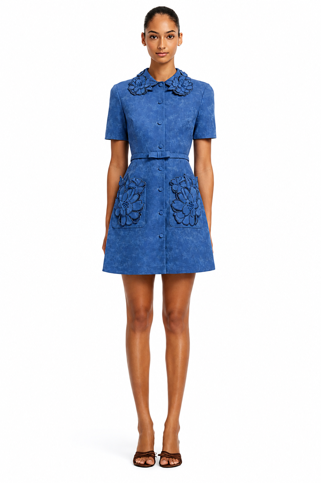 LEO LIN Ashley Appliqué Vegan Suede Mini Dress in Azure blue available for designer dress hire at Your Secret Closet
