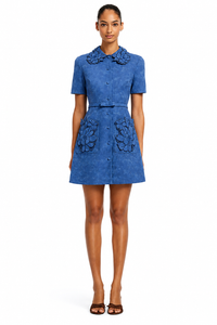LEO LIN Ashley Appliqué Vegan Suede Mini Dress in Azure blue available for designer dress hire at Your Secret Closet