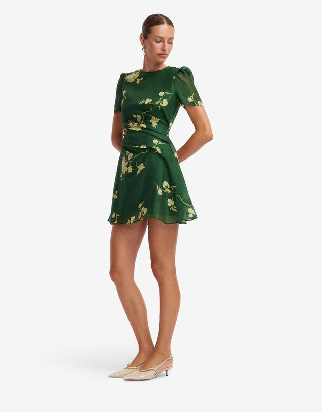 Side view of LEO LIN Elyse Forest Print Mini Dress for wedding guest and race day dress hire