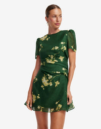 LEO LIN Elyse Forest Print silk linen mini dress with ruched waist detailing available for designer dress hire