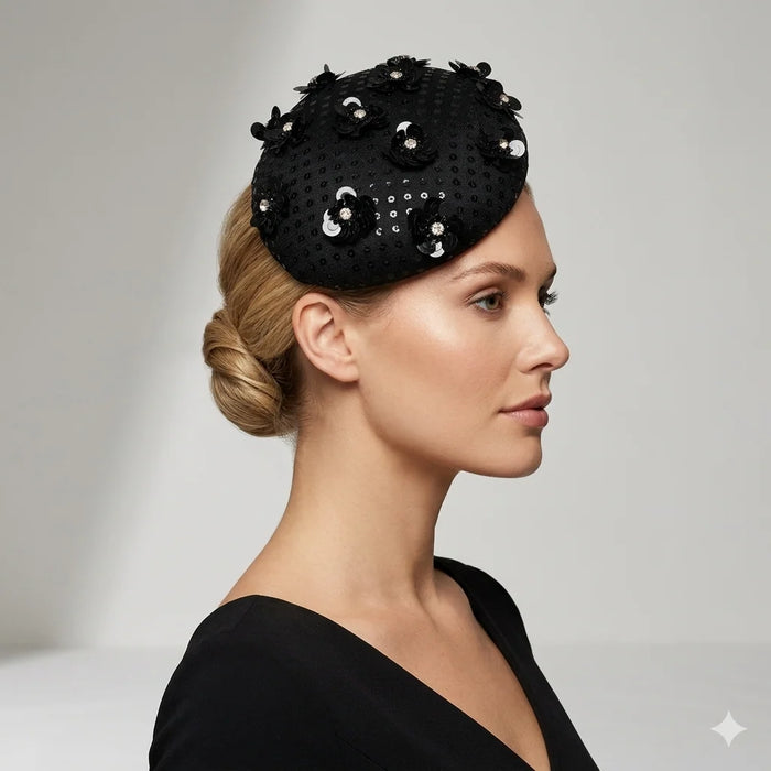Wendy Scully black suede side percher hat with tonal dots and vintage beaded flower buttons
