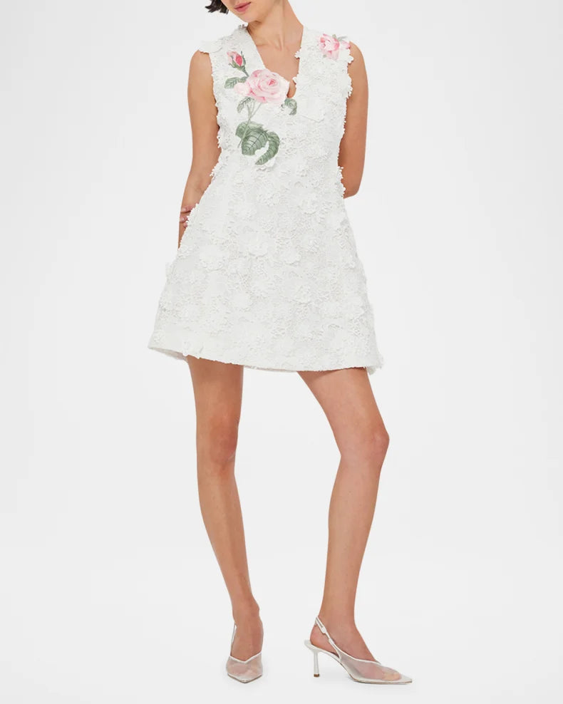 Leo Lin "Briana" V Neck Embroidered Lace Mini Dress