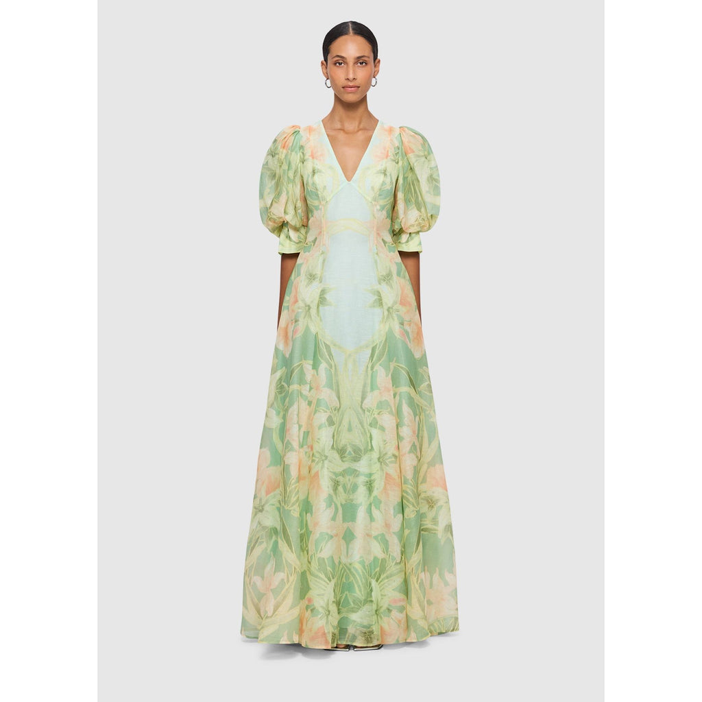 Leo Lin Lucia V Neck Maxi Dress - Orient Print in Evergreen