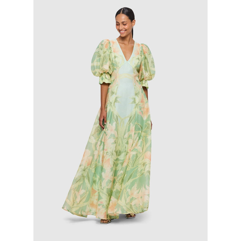 Leo Lin Lucia V Neck Maxi Dress - Orient Print in Evergreen